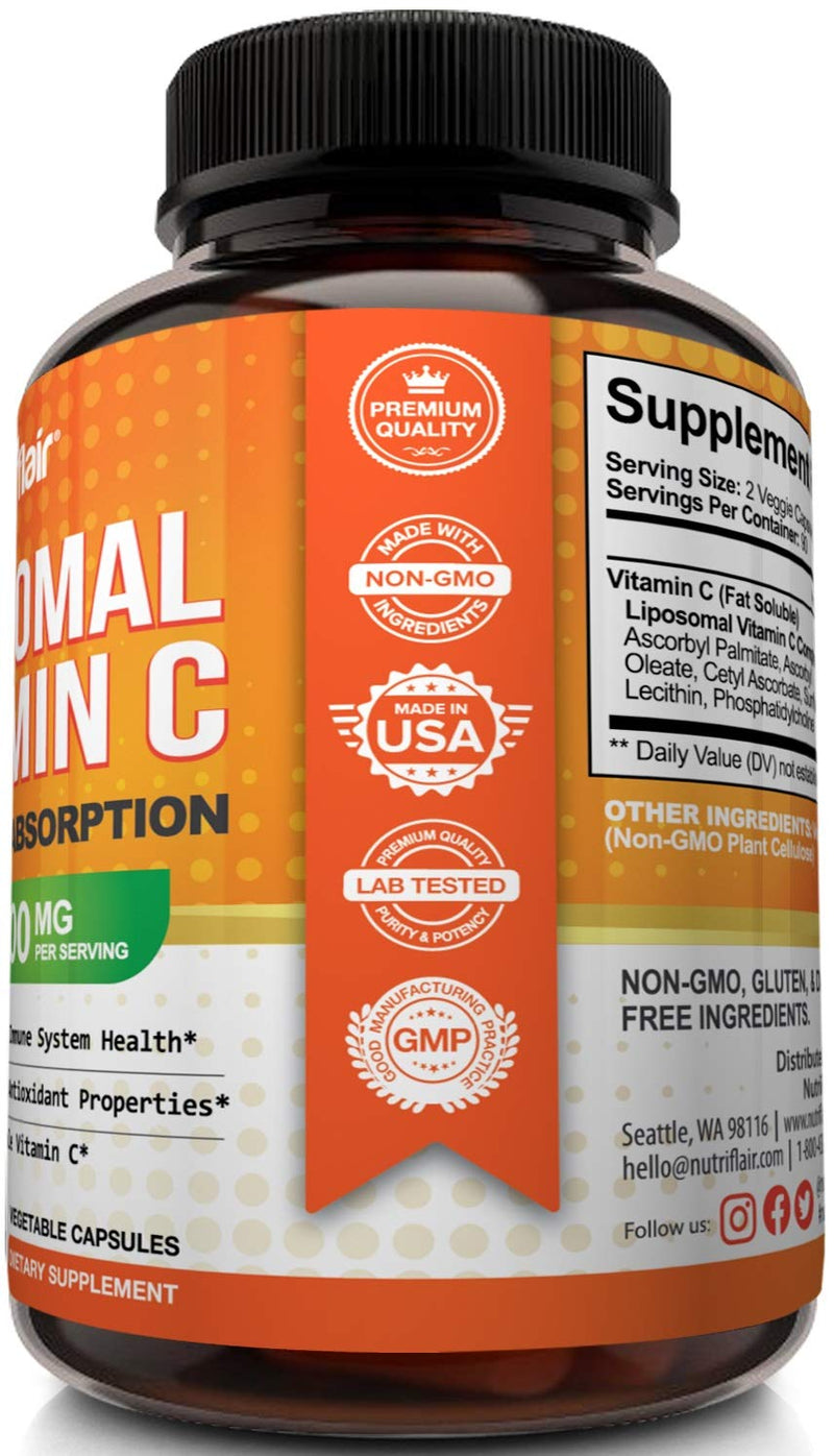NutriFlair Liposomal Vitamin C 1600mg, 180 Capsules - High Absorption, Fat Soluble VIT C, Antioxidant Supplement, Higher Bioavailability Immune System Support & Collagen Booster, Non-GMO, Vegan Pills 180 Count (Pack of 1) - BeesActive Australia