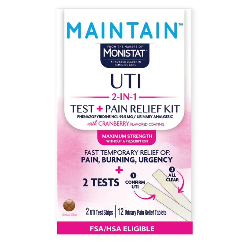 Monistat Maintain UTI 2-in-1 Test & Pain Relief Kit, 2 Test Strips & 12 Urinary Pain Relief Tablets, 2 Minute Results and Maximum Strength Pain, Burning and Urgency Relief