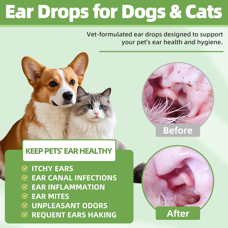 Ear Infection Treatment for Dogs and Cats, Yeast Ear Infection Treatment Drops to Soothe Itchy, Daily Care Dog Ear Cleaning Solution for Gently Removes Debris, Wax, Odor - 2 Pack