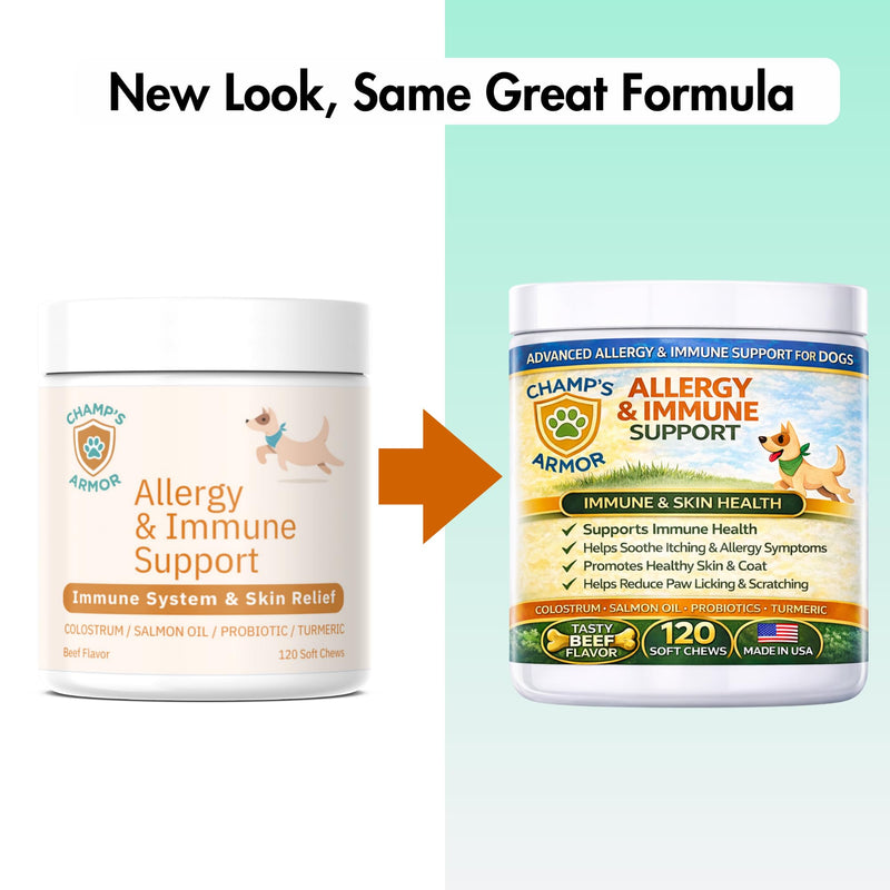 Allergy Relief for Dogs - Dog Itchy Skin & Dog Skin Allergies Treatment Chews with Natural Antihistamine, Colostrum, Salmon Oil, Probiotics for Seasonal Allergies Dogs - 120 Beef Flavor Soft Chews