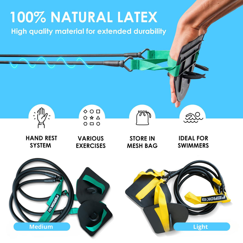 Swimming Resistance Band with Hand Paddles, Stretch Cord, Fitness Bands for Swimming, Training Equipment, Arm Strength Exercise, Powercord - Including Exercises - Medium Green