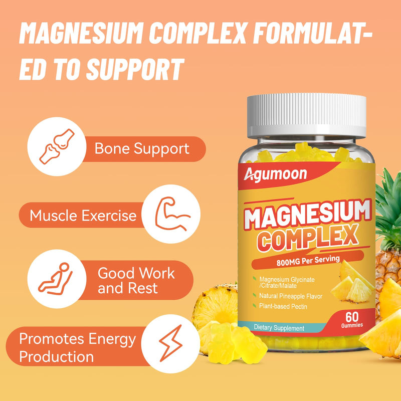 Magnesium Complex Gummies 800mg with Zinc & B6, B12, C, D3, 60 Count | High Absorption Glycinate, Citrate, Malate, Magnesium Complex for Women Men, Non-GMO, Gluten-Free, Pineapple Flavor 60 Count (Pack of 1)