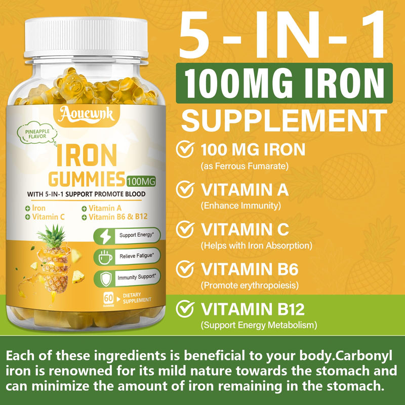 1 Pack 100MG Iron Supplement Gummies for Women & Men | with Vitamin C, A, B - for Adults & Kids, Iron Deficiency, Immune & Energy Support, Pineapple Flavor, Non-GMO, 60 Counts 60 Count (Pack of 1)