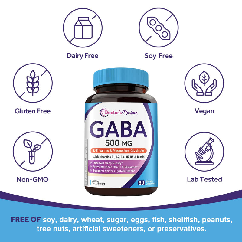 Doctor's Recipes GABA Magnesium Glycinate L-Theanine Supplement, GABA (Gamma-Aminobutyric Acid) 500mg, Vitamin B6, B1, B2, B3, B5, Biotin, Calm, Sleep, Relaxation, Mood Support, 90 Veggie Capsules