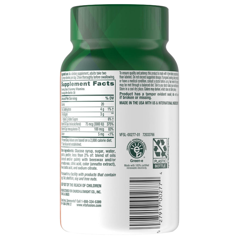 Vitafusion Power Plus Vitamin D3 K2 Gummies | 3000 IU Vitamin D | 60 Count | for Adult Women & Men | Tropical Punch Flavor | Gluten-Free Supplement