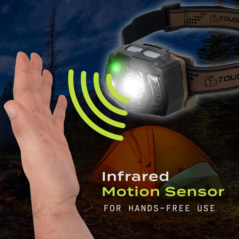 USB Rechargeable LED Headlamp Flashlight, Waterproof Headlight for Camping, Running, Hiking, Fishing, 7 Modes, Night Vision, Motion Sensor & White Spotlight Brown