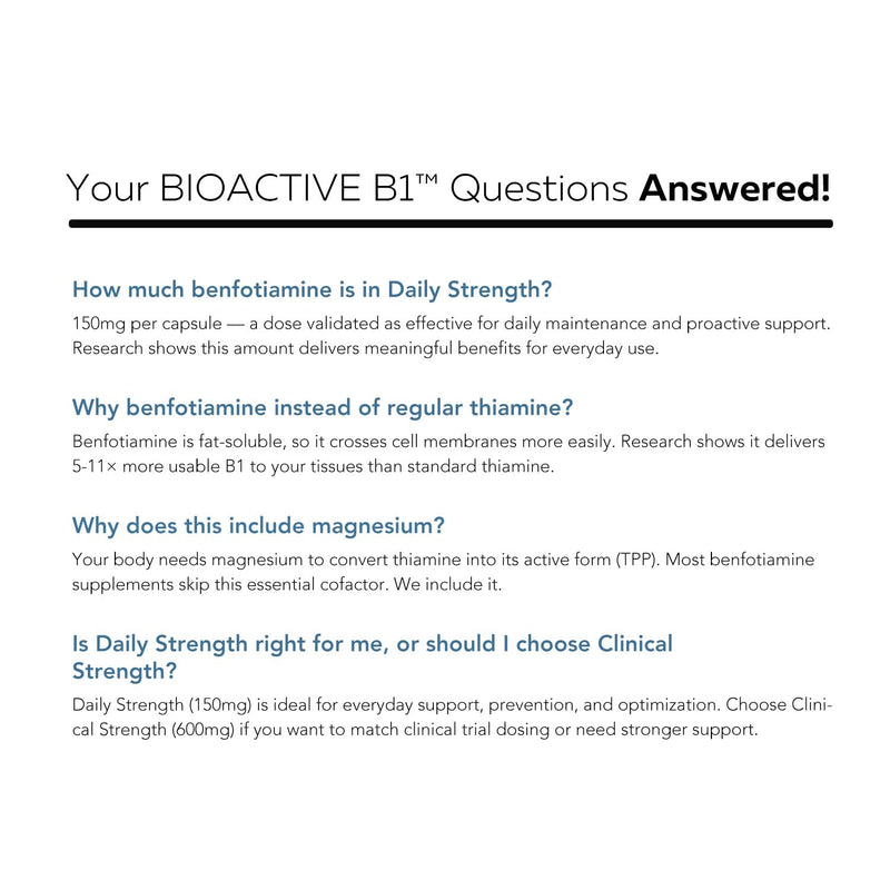 BioActive Vitamin B1 - 150mg Benfotiamine Capsules, Fat-Soluble Thiamine Supplement for Nerve, Energy & Metabolic Support with Magnesium & Alpha-Lipoic Acid - Foundational Strength, Non-GMO (60ct) 150 MG