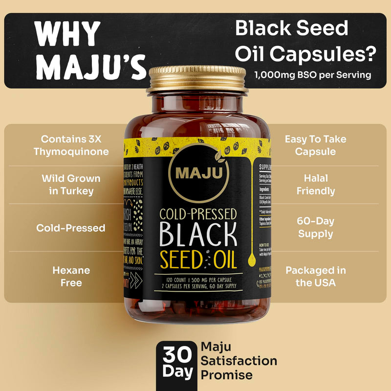 Maju Superfoods Black Seed Oil Capsules, Strong Cold Pressed, 3X Thymoquinone, 100% Turkish Black Cumin Nigella Sativa Seed Oil, Organic BSO, Liquid Blackseed, 120 Count, 500mg per Capsule 120 Count (Pack of 1)