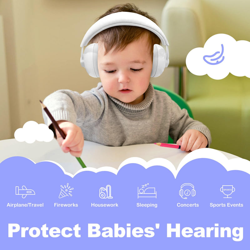 HZ002 Baby Ear Protection, Noise Cancelling Headphones for Babies and Toddler 3 Months up to 24 Months, Baby Earmuffs for Fireworks, Sleeping, Concerts, Plane - White - BeesActive Australia