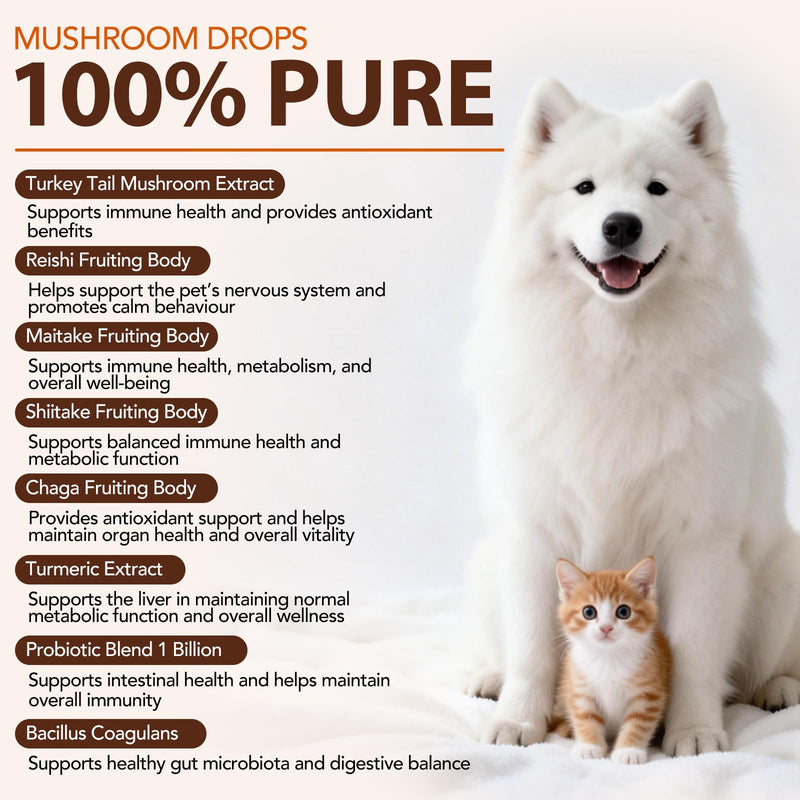 Turkey Tail Mushroom for Dogs & Cats - Immune Defense for Pets, Immune & Digestive Drops with 5X Mushrooms, Turmeric & Probiotic