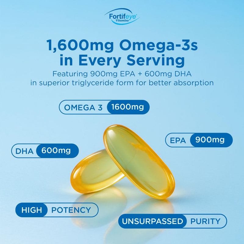 Fortifeye Super Omega-3 Fish Oil - 120 Count - 1600mg EPA + DHA - Triple Strength Ultra-Pure rTG Omega-3 Expertly Concentrated & Purified in Norway from Sustainably Sourced Wild Fish - Lemon Flavor 120 Count (Pack of 1)