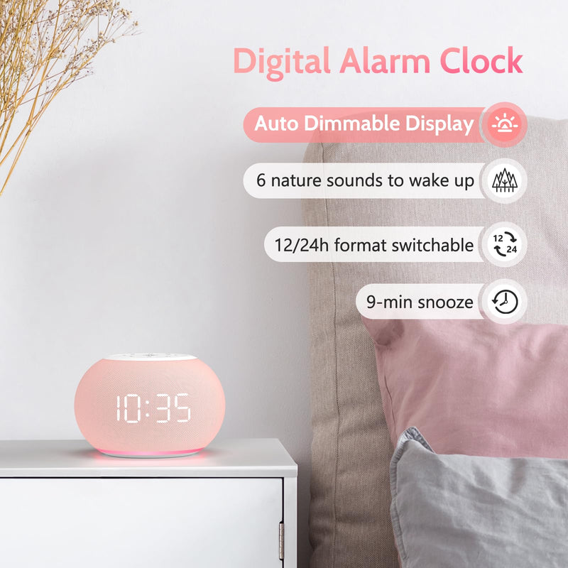 Reacher Auto Dimmable Sound Machine Alarm Clock with Night Lights, 20 Soothing Sounds, Sleep Timer, Precise Volume Control, Cute White Noise Soother for Girls, Kids, Bedrooms, Office Pink