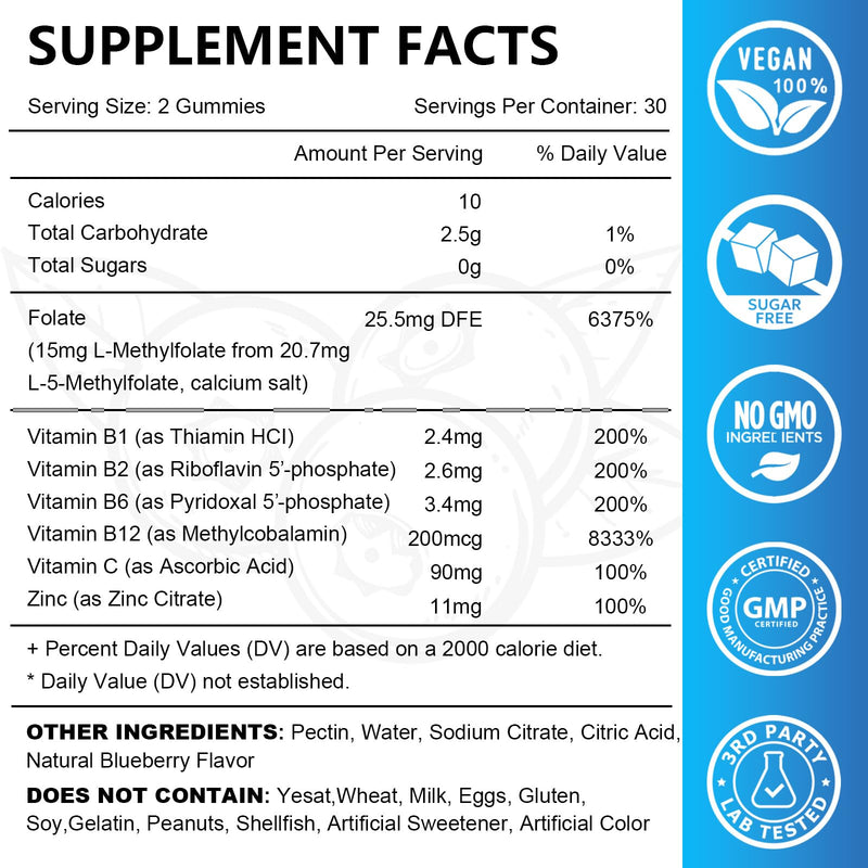 2 Pack L-Methylfolate 15mg Gummies with Methyl B12, Folate 5-MTHF Supplement for Mood, Brain Health, Cognition & Immunity, Sugar Free, Vegan, Non-GMO, 120 Count 60 Count (Pack of 2)