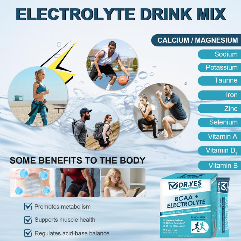 DR.YES Electrolytes Powder with Potassium, Sodium, Zinc & Vitamins | Rapid Hydration & Energy Booster | Sugar-Free & Zero Calorie, Keto Friendly, Vegan, (20 Stick Packs)