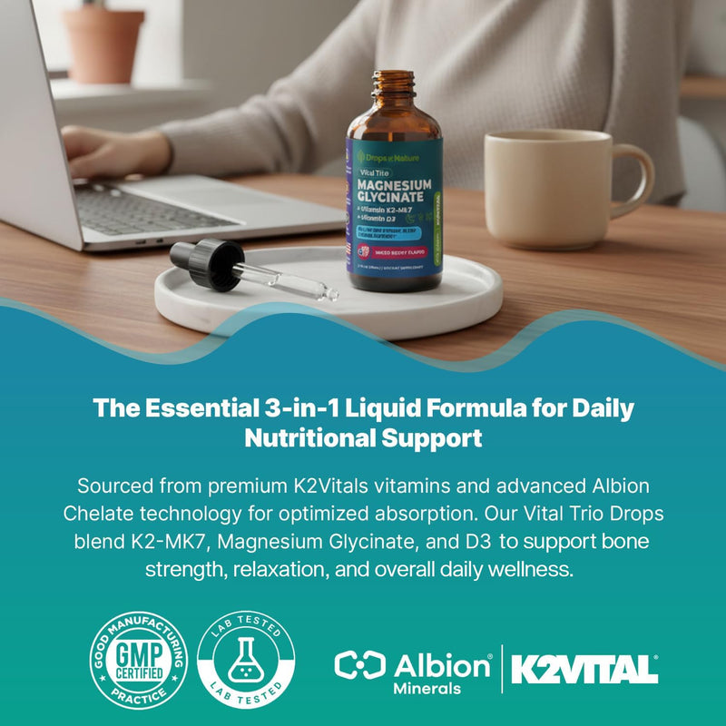 Drops Of Nature Magnesium Glycinate with Vitamin D3 K2 - Mixed Berry, 60 mL | Mineral & Vitamin Supplement Blend with Magnesium Bisglycinate & Vit D3 K2 MK-7, Calm & Bone Support, Vegan, Easy to Absorb