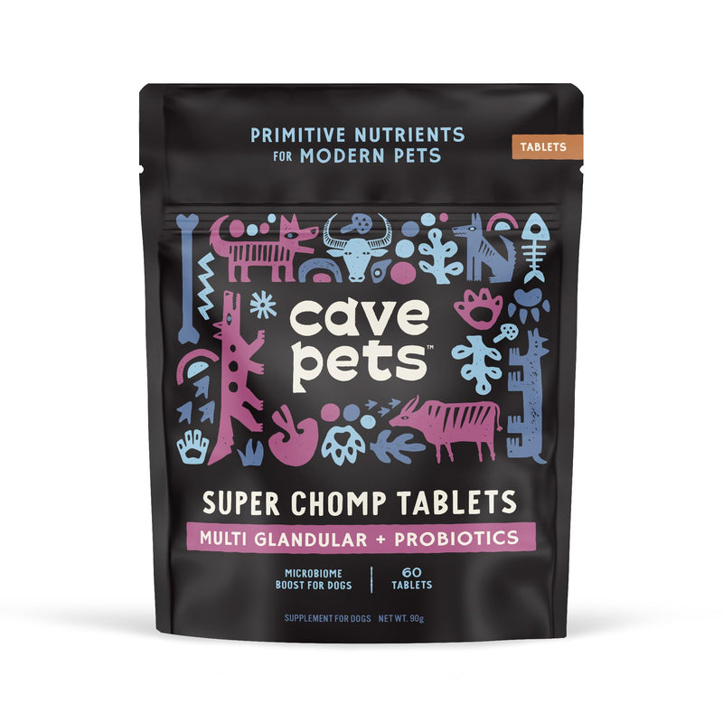 Cave Pets, Super Chomp Tablets, Dog Probiotic Supplement for Digestive Health, Multi-Glandular & Probiotics, 60 Tablets Multi Glandular + Probiotics