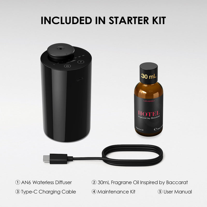 Airversa Waterless Essential Oil Diffuser Starter Kit with 30mL Hotel Fragrance Oil Inspired by BaCRT, Battery Operated Car Diffuser, Portable Aroma Nebulizer for Home Car Office, AN6Kit-4, Black An6b-htl-bac30 - BeesActive Australia