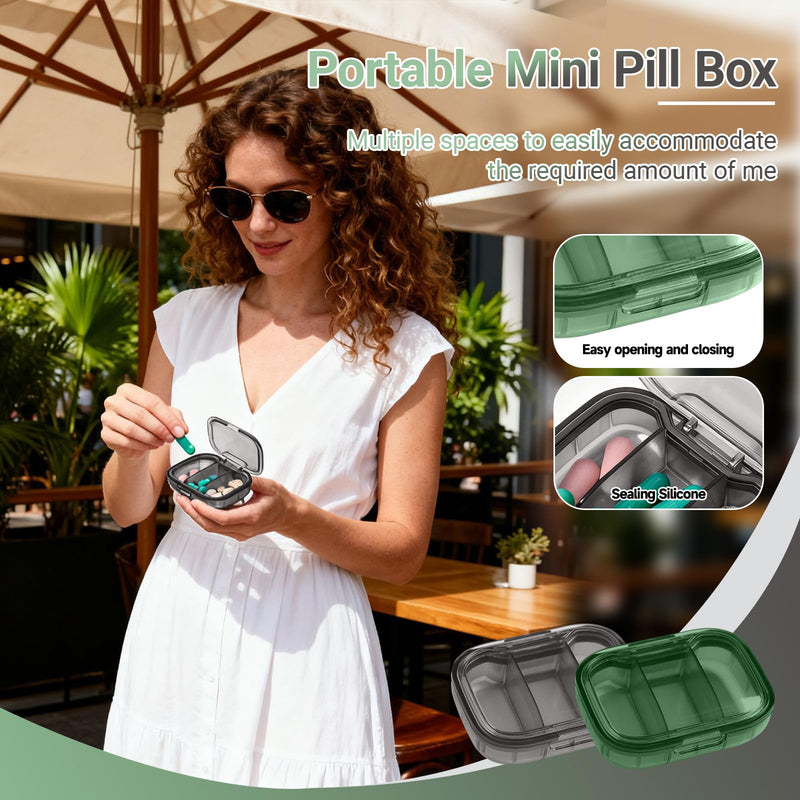 2 Pack, 3 Compartment Pill Box,Travel Pill Organizer for Pocket Purse, Daily Portable Vitamin Box, Fish Oil Box(Green + Black) Green + Black