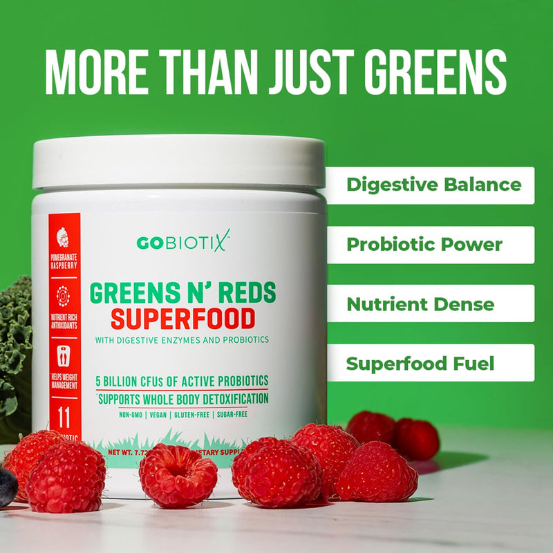 GOBIOTIX Super Greens and Reds Powder - Red and Green Superfood - Probiotic Supplement - Digestive Enzymes and Beet Root Powder - Organic Whole Foods Dietary Supplement (Pom Raspberry, 1 Pack) Pomegranate Raspberry 7.73 Ounce (Pack of 1)