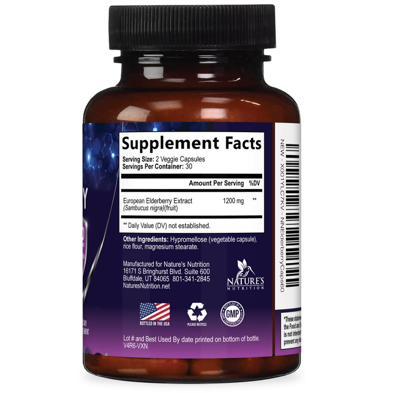 European Elderberry Fruit Extract 1200mg Per Serving Capsules - Sambucus Immune Support with Concentrated Sambucus Black Elderberry Extract, Antioxidant Vitamin Supplement, USA Bottled - 60 Capsules 60 Count (Pack of 1)