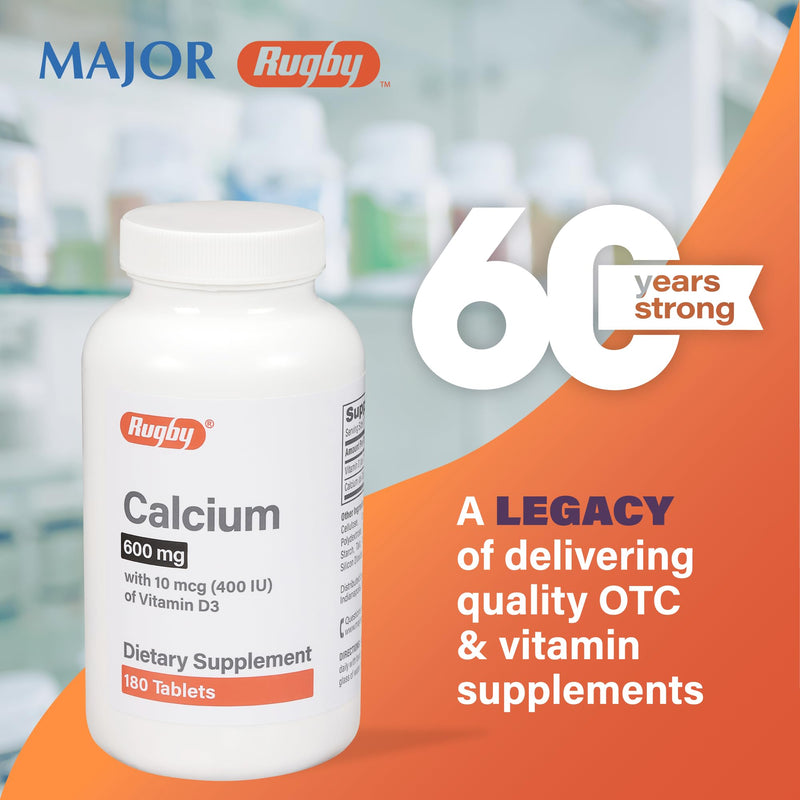 Rugby 600mg Calcium Tablets - Made with 10mcg (400IU) of Vitamin D3 - Dietary Supplement - 180 Count (1 Pack) 1 Count (Pack of 180)