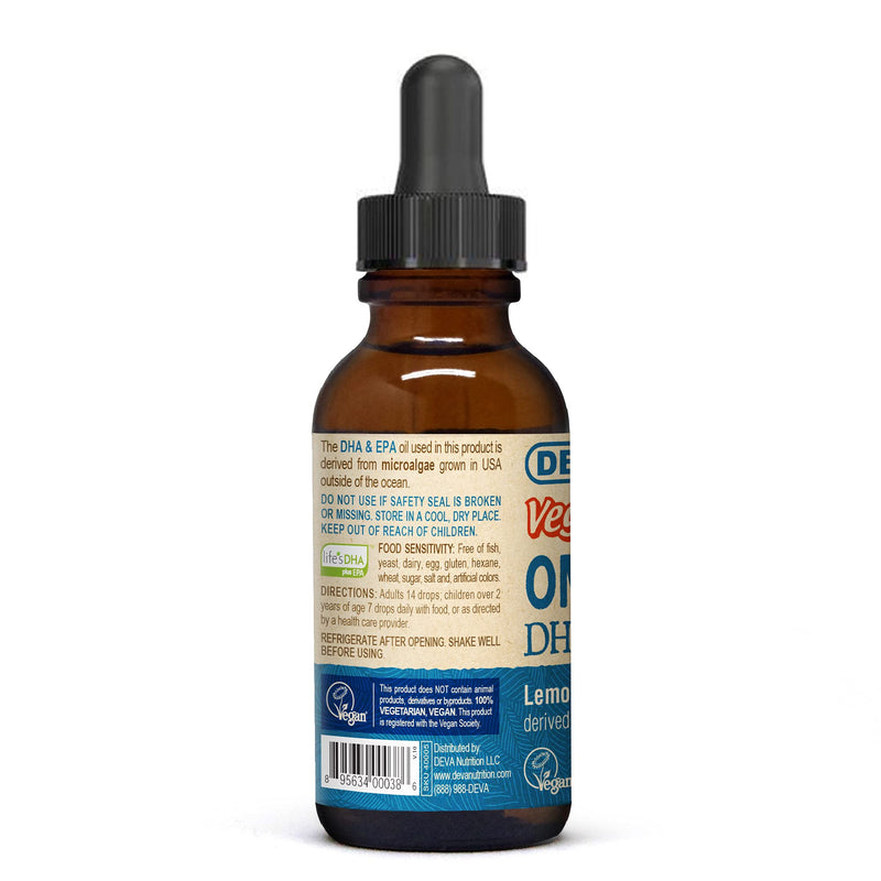DEVA Vegan Omega-3 Liquid DHA - EPA, Non Fish from Algae, Lemon Flavor, 2 Ounce 2 Fl Oz (Pack of 1)