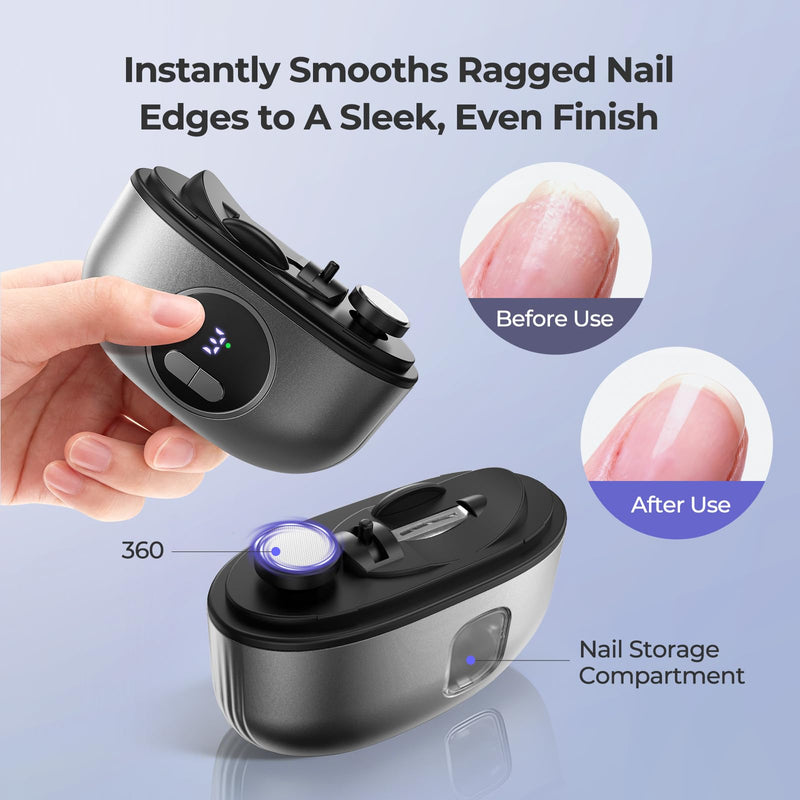 Electric Nail Clipper, 2-in-1 Improved Nail Clippers Set with LED Light & USB Rechargeable, 3 Speed Quiet & Nail Clip Storage for Baby Adults Seniors Thick Nails –Includes Oblique Nail Clippers (Grey) Xx-ch702 - BeesActive Australia