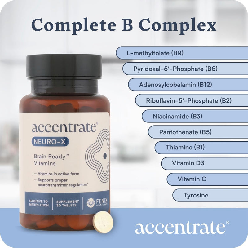 Accentrate Neuro X - Brain Health, Vitamin B Complex, MTHFR, 30 Tablets | A methylated multivitamin at a deliberately low dose, for people who react badly to standard B vitamins. Methylation Sensitive