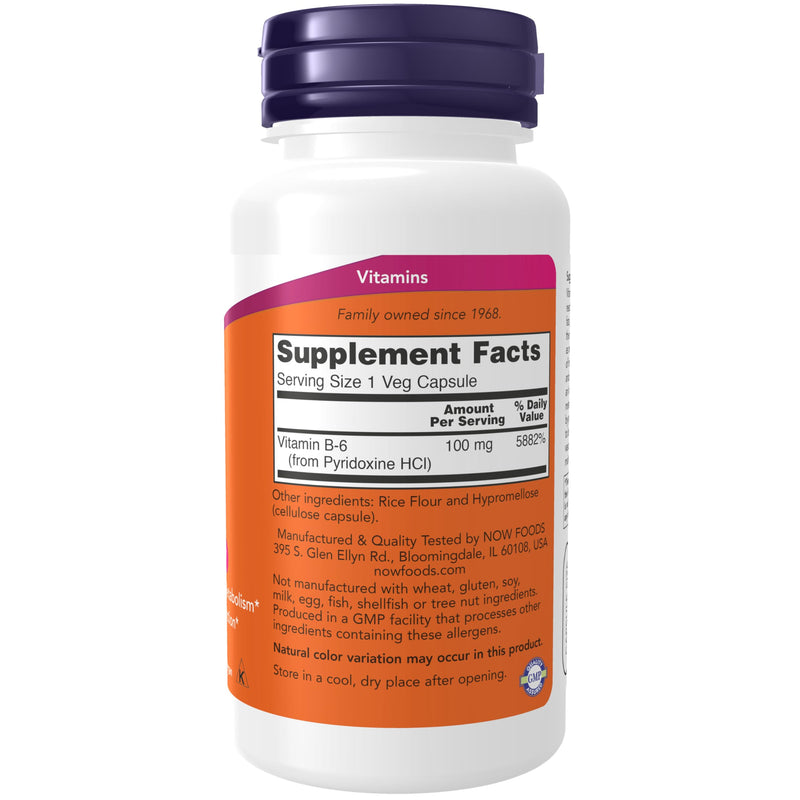 NOW Foods Supplements, Vitamin B-6 (Pyridoxine HCl) 100 mg, Cardiovascular Health*, 100 Veg Capsules 100 Count (Pack of 1)