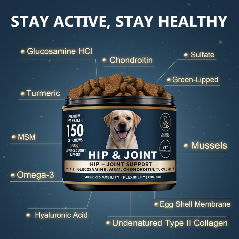Glucosamine for Dogs - 150 Soft Chews, Hip & Joint Supplement with MSM, Chondroitin, Turmeric – Joint Support for Dogs Chicken Flavor – Vet Formulated – 2-Month Supply 10
