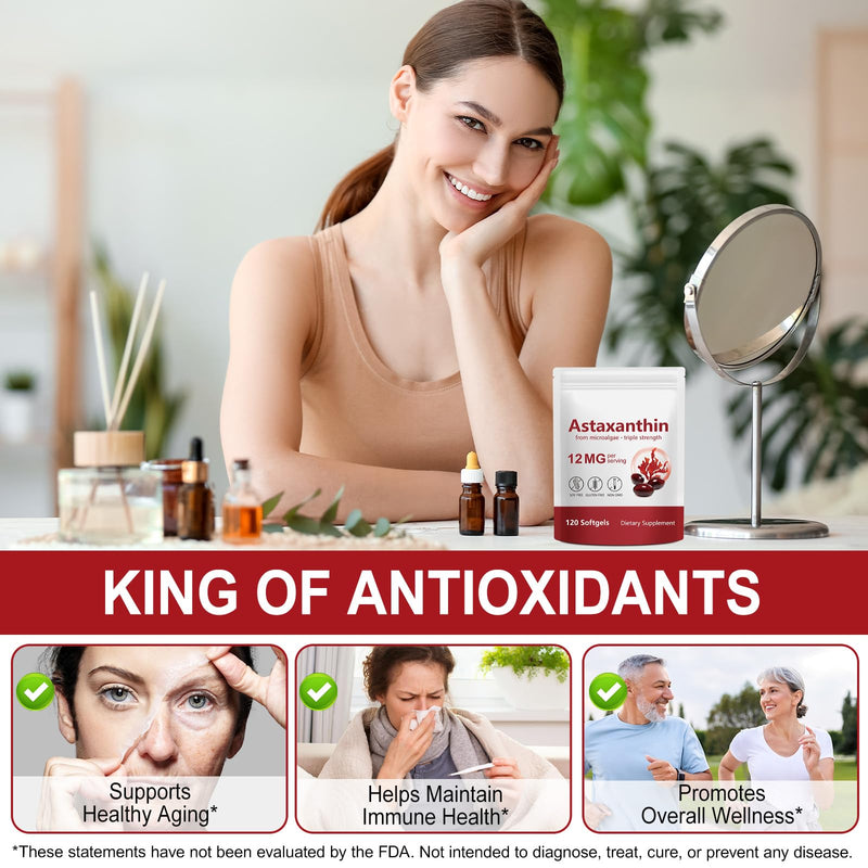 Astaxanthin 12mg Premium Astaxanthin Antioxidant Supplements Triple Strength Skin Vitamins for Women with Antioxidant Activity Supports Eye, Joint, Internal Circulation, Skin Health (120PCS) 120 Count (Pack of 1)