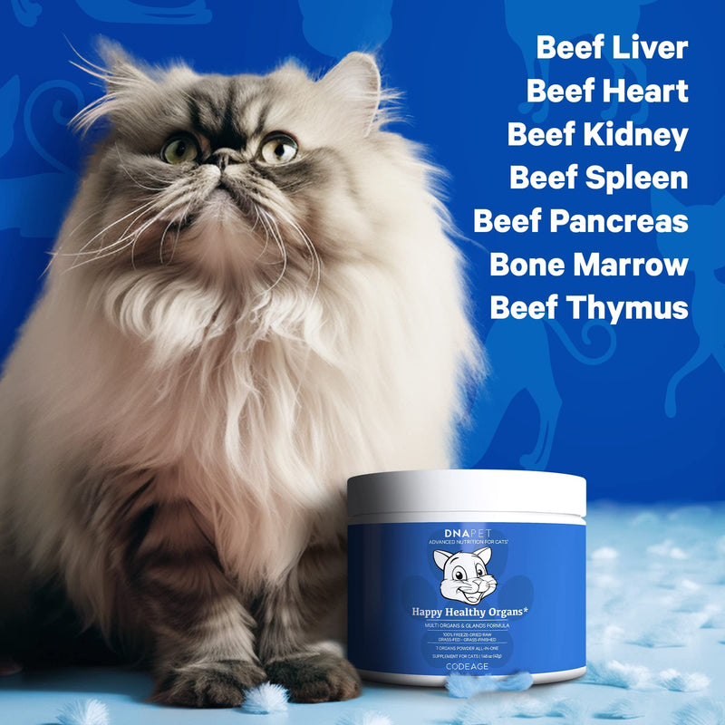 Happy Healthy Organs & Glands Supplement For Cats, Freeze-Dried Raw Bovine Liver Grass-Fed Bone Marrow Heart Kidney Pancreas, Bovine Thymus Iron Multi Organ Powder, Joints Cat Vitamins 1.48 oz - PawsPlanet Australia