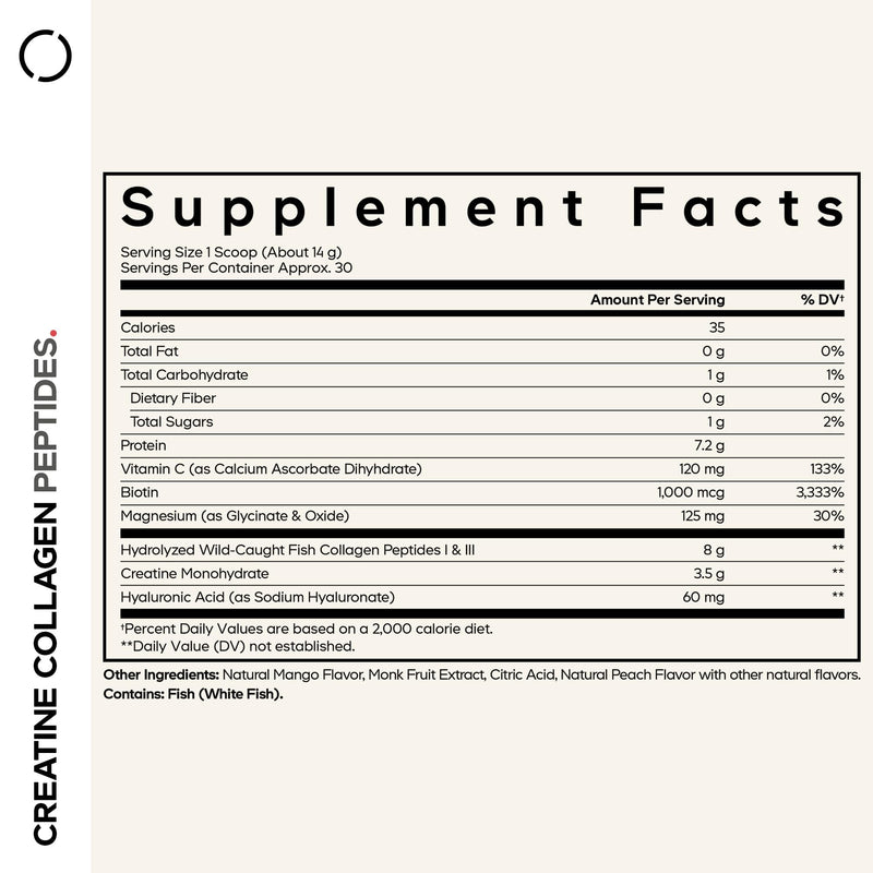 Codeage Creatine Collagen Powder, Marine Collagen, Magnesium, Mango, 15 oz | Creatine monohydrate, wild-caught marine collagen, biotin, magnesium, vitamin C, hyaluronic acid. Mango flavor. Non-GMO.