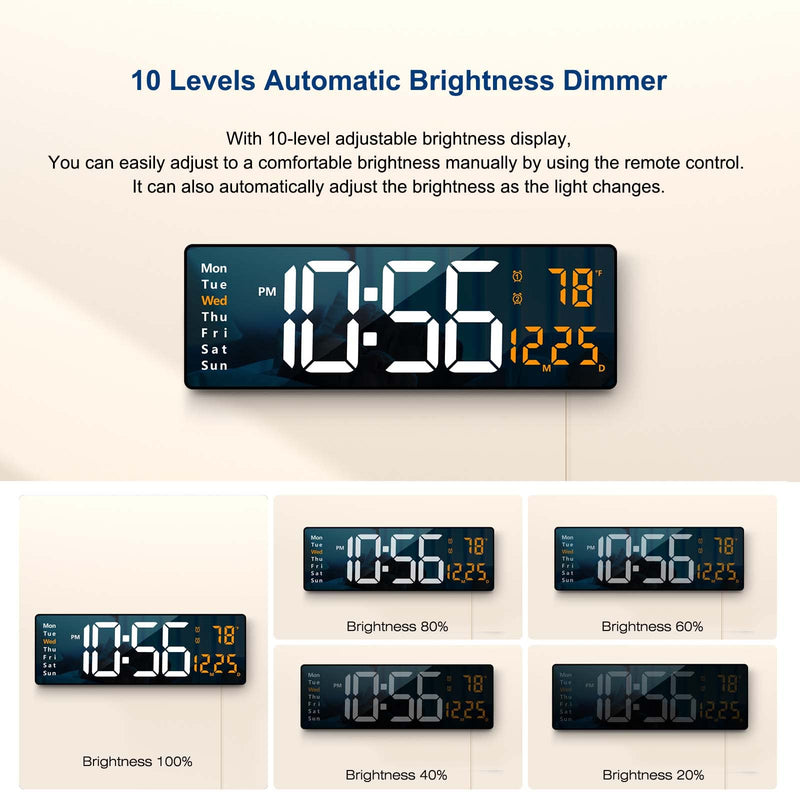 Digital Wall Clock Large Display, 16.2 Inch , LED Digital Clock with Remote Control for Living Room Decor, Automatic Brightness Dimmer with Date Week Temperature (Orange) Orange