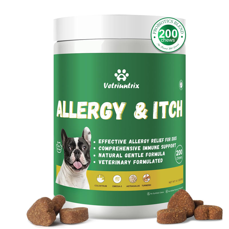Dog Allergy Chews 200ct, Dog Allergy Relief Chews Coat Supplement for Itchy Skin Paw Licking, Probiotics for Large Dogs with Colostrum Omega-3 Turmeric Immune Supplement Chicken 200 Chews