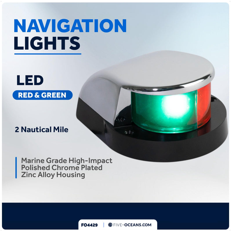 Five Oceans LED Boat Navigation Lights - Red & Green Bi-Color Bow Light, Horizontal Mount, 12V, USCG Compliant, 2NM Range for Pontoon & Fishing Boats - FO4429 Chrome-plated zinc Housing - BeesActive Australia