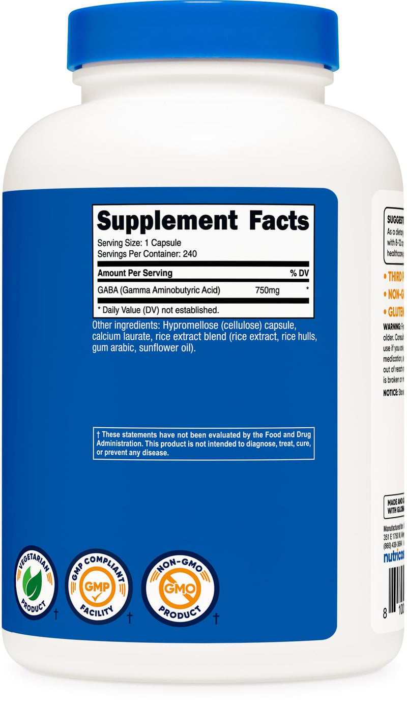 Nutricost GABA (Gamma Aminobutyric Acid) 750mg, 240 Capsules | GMO-Free, Gluten Free 240 Count (Pack of 1)