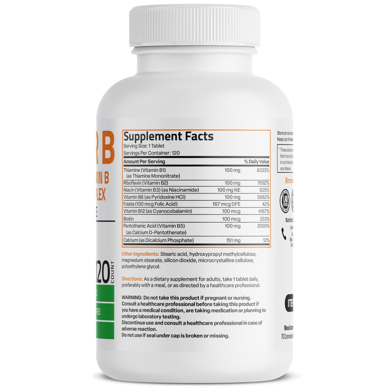 Bronson Super B100 Vitamin B Complex Sustained Release, 120 Tablets | B1, B2, B3, B6, Folic Acid, B12, Biotin & Pantothenic Acid, Energy & Nerve Support, Non-GMO, Gluten-Free & Soy-Free Unflavored 120 Count (Pack of 1)