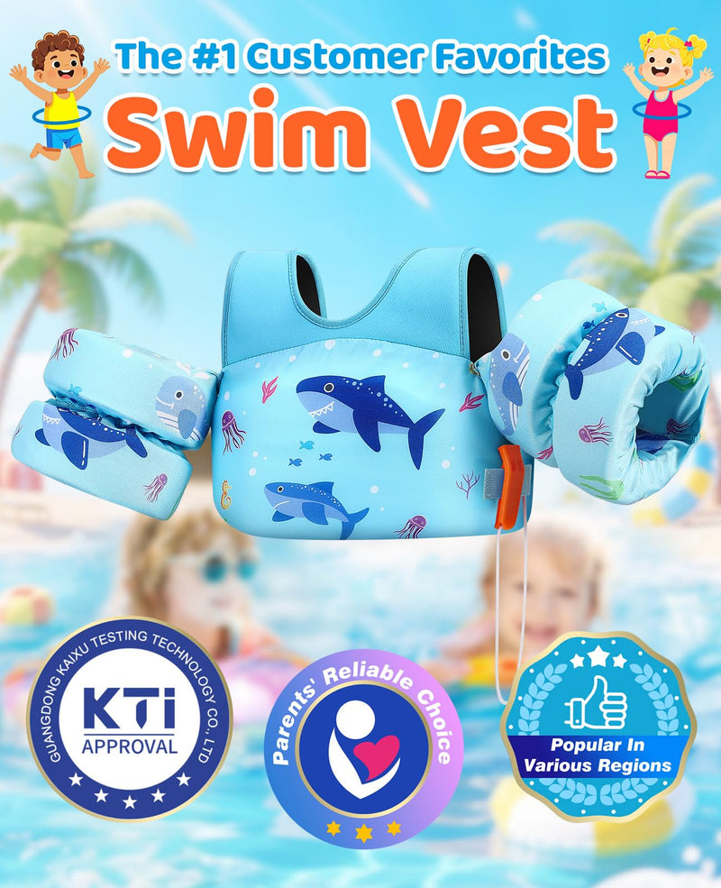 HeySplash Swim Vest for Kids, Toddler Pool Floaties, Children Swimming Vest with Adjustable Strap, Swim Jacket Water Wing Arm Float, Puddle Sea Beach Boat Jumper Boy Girl Baby A Blue Shark for kids 33-66 lbs - BeesActive Australia
