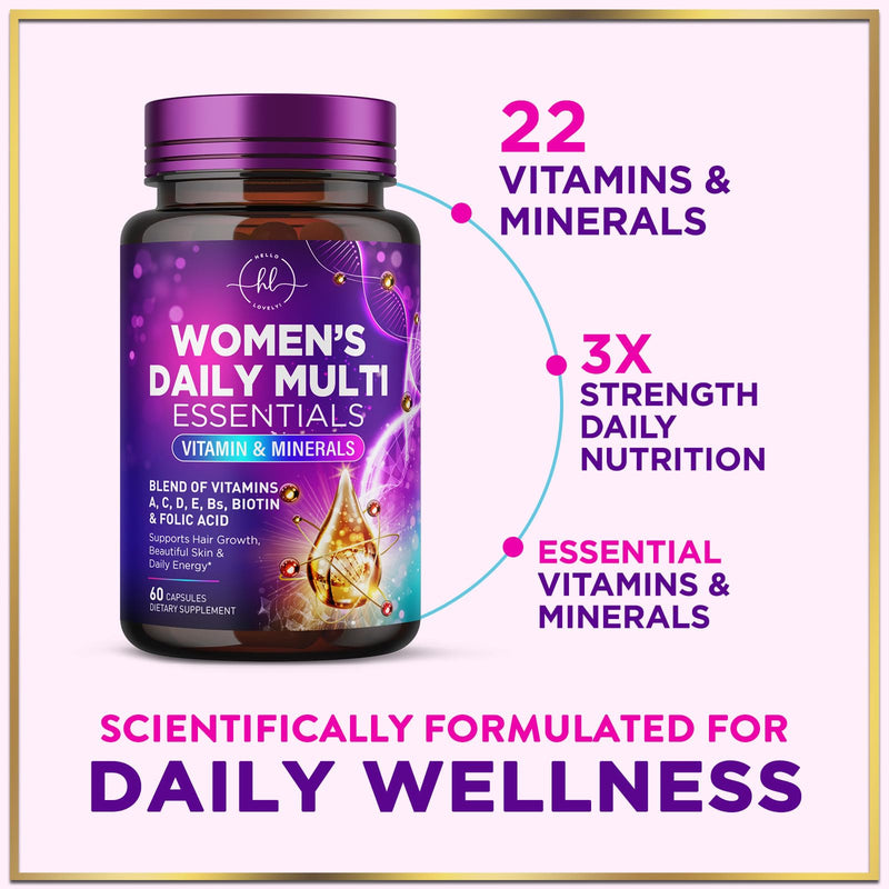 Multivitamin for Women - 3X Strength Daily Women Multivitamin, Vitamins A, D, C, E, Biotin, Folic Acid, Calcium, & Iron, Complete Multi Vitamin for Beautiful Hair & Skin, Bottled in USA, 60 Capsules 60 Count (Pack of 1)
