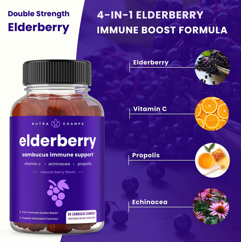 NutraChamps Elderberry Gummies with Vitamin C, Propolis & Echinacea - Immune System Support Gummy Vitamins for Adults & Kids - Max Strength 200mg Sambucus Antioxidant 60 Count (Pack of 1)