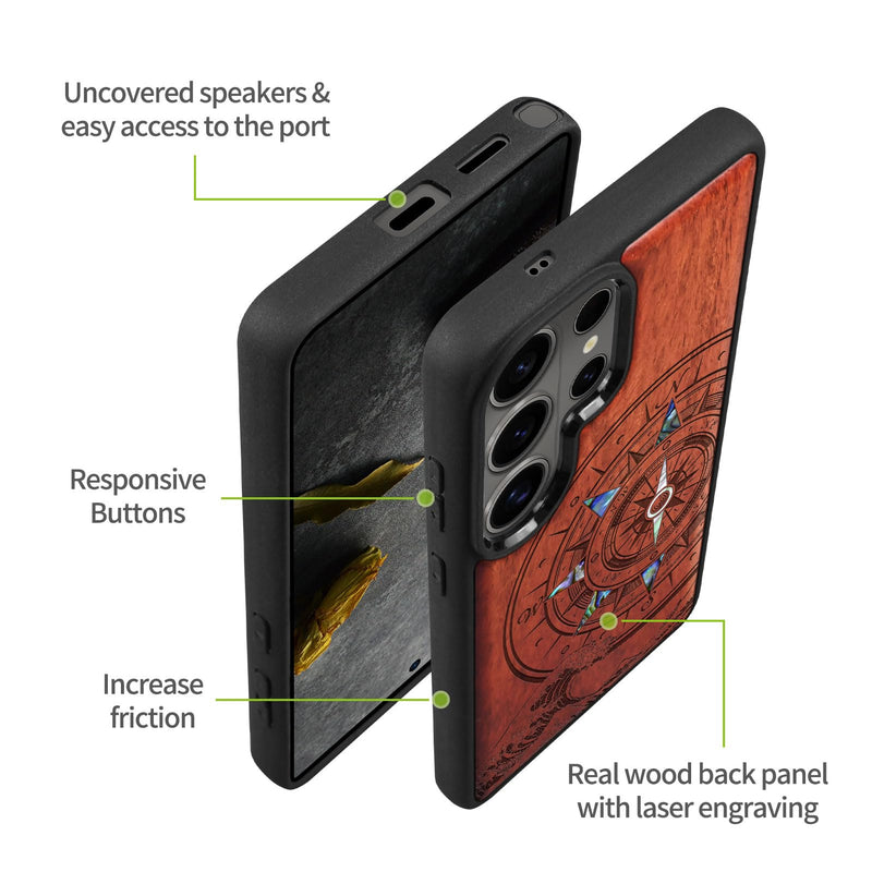 Carveit Magnetic Wooden Case for Samsung Galaxy S26 Ultra Case, Wood Artisan Engraved & Handmade Shell Inlaid, Compatible with MagSafe Wireless Chargers (Wave Compass) Rosy Wave Compass-Rosy