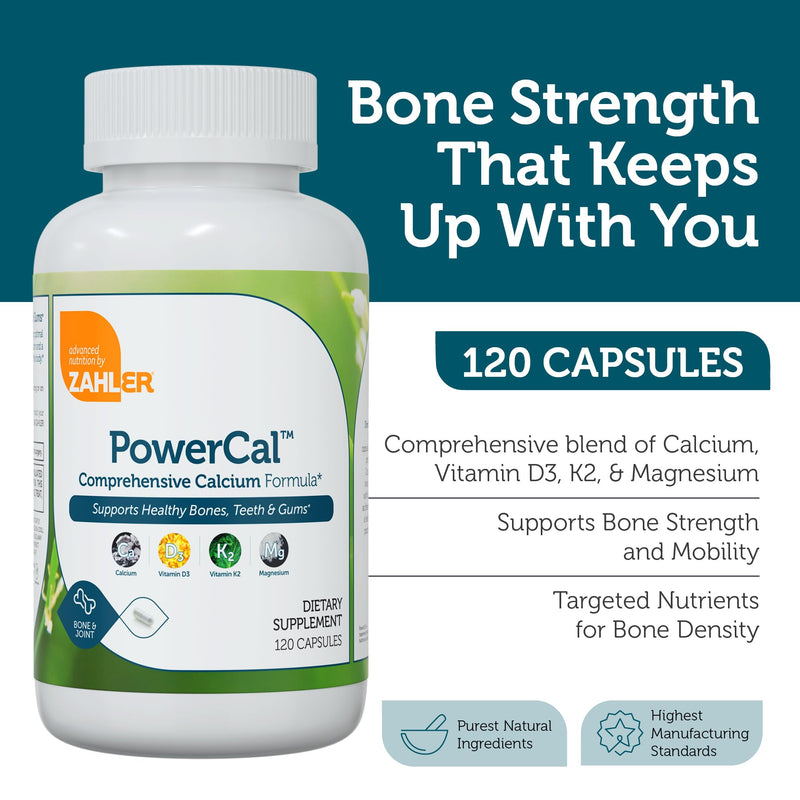 Zahler PowerCal - Calcium with Vitamin D3, K2 & Magnesium - Teeth, Gums & Bone Strength Support - Kosher - for Women & Men - 120 Capsules 120 Count (Pack of 1)