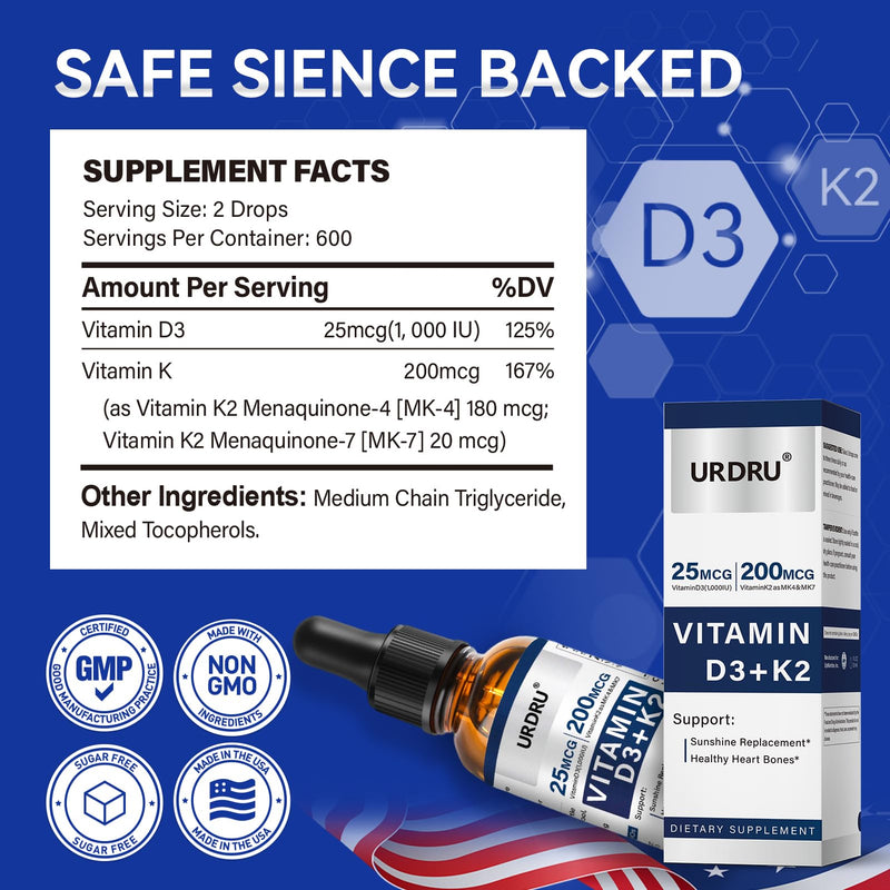 (2 Pack) Vitamin D3 K2 Liquid Drops - 2 Fl Oz Max Absorption 1,000 IU D3 & 200mcg K2 Drops for Immune & Mood, Bone & Teeth Health - 60ml