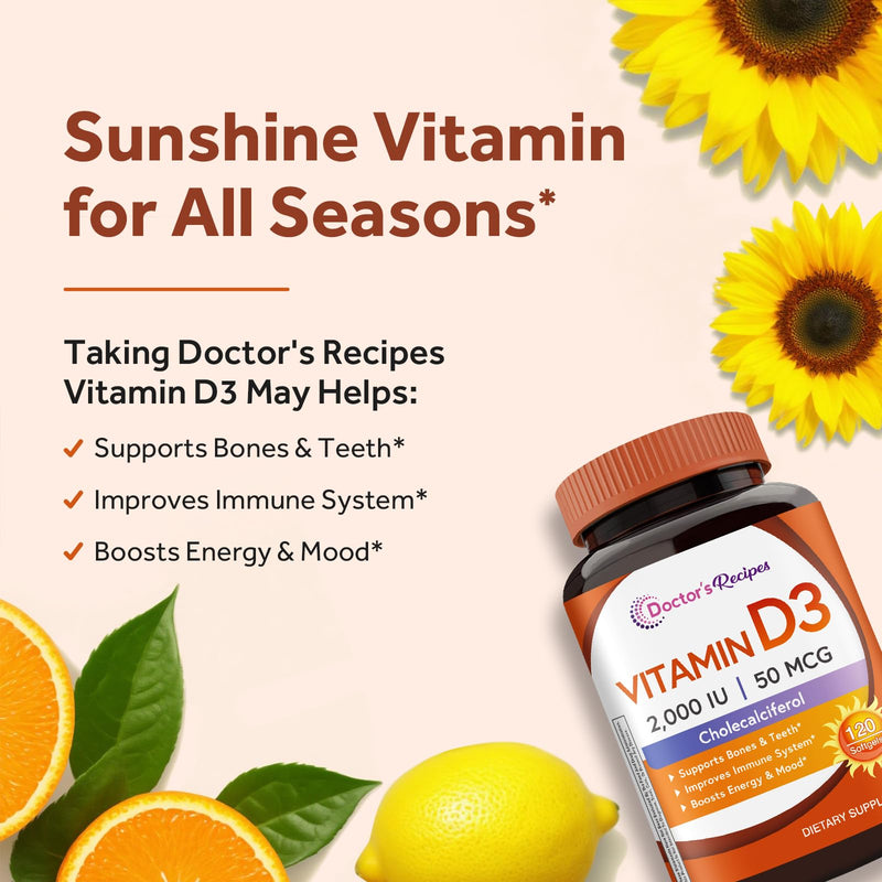 Doctor's Recipes Vitamin D3 2000 IU, Cholecalciferol, 120 Softgels, Non-GMO, Bones, Calcium Absorption, Immune Health, Energy & Mood Support