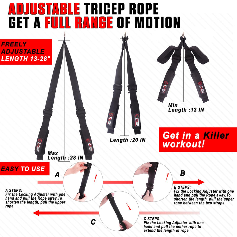 Tricep Rope Cable Attachment Adjustable (26-56 Inches), 27/36/48/55 Inches Long Tricep Rope Alternative, Greater Range of Motion,Gym Rope Equipment for Home/Gym Accessories Red Ajustable (13-28inch)