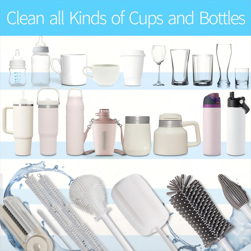 8Pcs Water Bottle Cleaner Brush - Multipurpose Cup Cleaner Kit with Long Nylon Straw Brush Long Handle Silicone Bottles Cleaning for Tumbler, Sports Water Bottle, Wine Glass Gray - BeesActive Australia