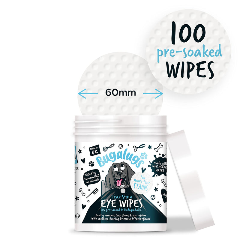 BUGALUGS Dog Eye Wipes 100 Biodegradable textured pre-soaked Dog Wipes. Safe & Easy Cleaning For Dogs - Pet Eye Wipes Remove Tear Stains, Dog Eye Crust & Eye Discharge