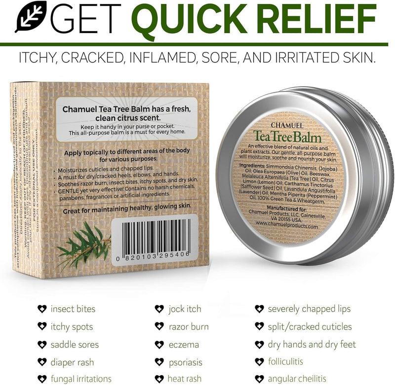 Tea Tree Oil Balm- All Natural | Great Cream for Soothing Eczema, Cracked Foot, Rashes, Jock Itch, Bug Bites, Folliculitis, Acne, Itchy Skin, Cuticles, Psoriasis, Saddle Sores- For Women & Men, 2-Pack 2.11 Ounce (Pack of 2) - BeesActive Australia