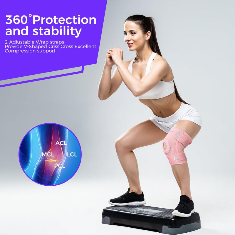 Knee Support Brace for Women Men, Adjustable Knee Compression Sleeve Brace Patellar Pad Tendon - Arthritis Pain, Meniscus Tear, Injury Recovery, Running, Workout, Neoprene Knee Braces with Stabilizers and Open Patella, Pink One Size - BeesActive Australia